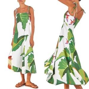 Farm Rio sz S Tropicalistic Midi Dress w. beaded spaghetti straps white